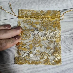 Подарунковий Мішечок з Органзи, Малюнок Квіти, Прозорий, Колір: золотистий, Розмір: 12x10см